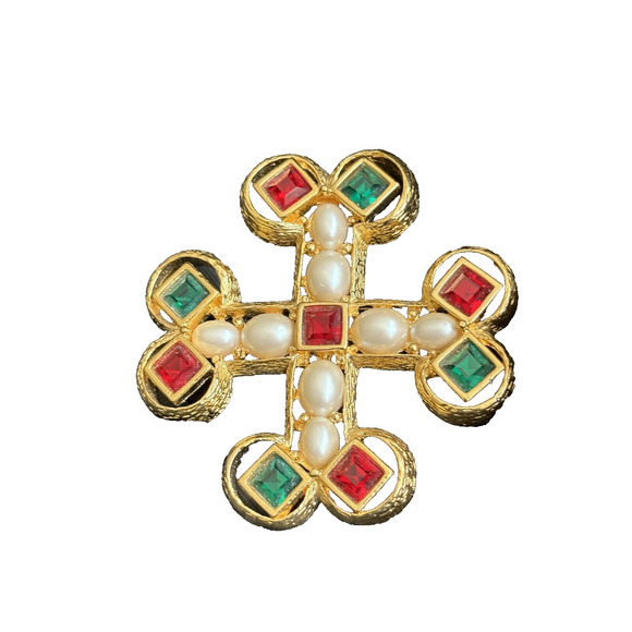 Joan Rivers Maltese cross Brooch Pin Gold Tone Faux Pearls Green Red Rhinestones - Picture 8 of 10